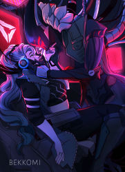 Rule 34 | 1boy, 1girl, absurdres, alternate costume, artist name, bekkomi, black pants, blue hair, boots, breasts, closed mouth, commentary, english commentary, hair ornament, headphones, helm, helmet, highres, jhin, knee boots, league of legends, long hair, long sleeves, looking at another, medium breasts, monitor, official alternate costume, pants, ponytail, project jhin, sona (league of legends)