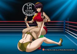 Rule 34 | 2girls, absurdres, ass, back, brandish mew, breasts, fairy tail, green hair, highres, huge ass, kagura mikazuchi, multiple girls, purple hair, tagme, thick thighs, thighs, wrestling, wrestling ring