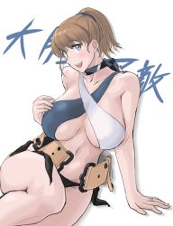Rule 34 | 1girl, absurdres, ascot, text background, belt, bikini, blue eyes, breasts, brown belt, brown hair, commentary request, grey ascot, halterneck, highres, intrepid (kancolle), kantai collection, large breasts, looking at viewer, mismatched bikini, navel, ponytail, short hair, side-tie bikini bottom, simple background, sitting, solo, sozan, swimsuit, translation request, white background, yokozuwari