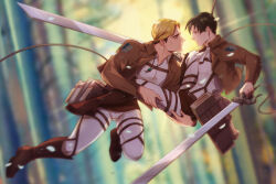 Rule 34 | 2boys, ascot, black hair, blonde hair, brown footwear, brown jacket, cheekbones, commentary, english commentary, erwin smith, eye contact, floating, gravesecrets, holding, holding weapon, jacket, large pectorals, levi (shingeki no kyojin), long sleeves, looking at another, male focus, multiple boys, pants, paradis military uniform, pectorals, petals, shingeki no kyojin, shirt, short hair, survey corps (emblem), three-dimensional maneuver gear, toned, toned male, weapon, white ascot, white pants, white shirt, yaoi