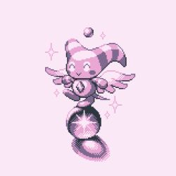 Rule 34 | ^ ^, chao (sonic), closed eyes, closed mouth, cortoony, creature, dithering, feathered wings, happy, monochrome, neutral chao, nights chao, no humans, orb, pink background, pink theme, pixel art, smile, sonic (series), sparkle, standing, standing on one leg, tail, wings