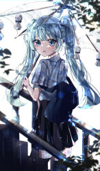 Rule 34 | 1girl, absurdres, alternate costume, backpack, bad id, bad pixiv id, bag, black skirt, blue eyes, blue hair, blush, from behind, hatsune miku, highres, holding, holding umbrella, huge filesize, looking at viewer, open mouth, skirt, solo, stairs, teruterubouzu, transparent, transparent umbrella, twintails, umbrella, vocaloid, wine (2148 wine)