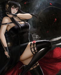 Rule 34 | 1girl, black dress, black gloves, black hair, black thighhighs, boots, breasts, cleavage, dagger, dress, falling petals, fingerless gloves, gloves, gold hairband, hair bun, hairband, holding, holding dagger, holding knife, holding weapon, knee up, knife, large breasts, long hair, looking at viewer, navel, patreon username, petals, red eyes, signature, single hair bun, sleeveless, sleeveless dress, solo, spy x family, thigh boots, thighhighs, weapon, wei (promise 0820), yor briar