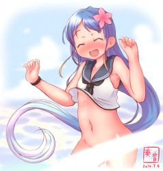 Rule 34 | 1girl, :d, ^ ^, alternate costume, artist name, bare arms, bare shoulders, blue hair, blush, bottomless, bracelet, breasts, censored, closed eyes, commentary request, cosplay, dated, eyebrows, flower, gradient hair, hair flower, hair ornament, highres, jewelry, kanon (kurogane knights), kantai collection, long hair, multicolored hair, navel, no bra, open mouth, ro-500 (kancolle), ro-500 (kancolle) (cosplay), sailor collar, samidare (kancolle), small breasts, smile, solo, underboob, very long hair