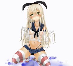 Rule 34 | 1girl, absurdres, alternate eye color, artist request, bad id, bad pixiv id, bare shoulders, black neckerchief, black panties, black ribbon, blonde hair, blue skirt, blush, breasts, collarbone, covered erect nipples, crop top, gluteal fold, hair between eyes, hair ribbon, head tilt, highleg, highleg panties, highres, holding, holding own hair, kantai collection, long hair, looking at viewer, microskirt, nakano maru, navel, neckerchief, nose blush, on one knee, panties, parted lips, pleated skirt, ribbon, sailor collar, see-through, shimakaze (kancolle), shirt, skirt, sleeveless, sleeveless shirt, small breasts, solo, striped clothes, striped thighhighs, thighhighs, underwear, very long hair, wet, wet clothes, white background, white shirt
