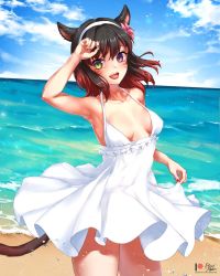 Rule 34 | 1girl, animal ears, arm up, backless dress, backless outfit, bad id, bad pixiv id, bare shoulders, beach, black hair, blue sky, blush, breasts, breasts apart, cat ears, cat tail, circle skirt, cloud, collarbone, cowboy shot, day, dress, facial mark, fang, final fantasy, final fantasy xiv, flower, foxyreine, gradient hair, hair flower, hair ornament, hairband, heterochromia, highres, horizon, looking at viewer, medium breasts, miqo&#039;te, multicolored hair, nail polish, no bra, ocean, open mouth, outdoors, profile, red hair, short hair, signature, sky, slit pupils, solo, tail, warrior of light (ff14), water, watermark, web address, whisker markings, white dress