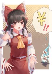 Rule 34 | 1girl, anger vein, ascot, bare shoulders, black hair, blush, bow, brown eyes, detached sleeves, hair bow, hair tubes, hakurei reimu, highres, japanese clothes, long hair, nontraditional miko, open mouth, red bow, red skirt, ribbon-trimmed sleeves, ribbon trim, sidelocks, skirt, solo, speech bubble, taguno, touhou, white sleeves, wide sleeves, yellow ascot, yen sign