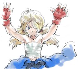 Rule 34 | 1boy, abel (street fighter), abs, aged down, androgynous, bare shoulders, belt, blonde hair, blue eyes, capcom, clothes around waist, collarbone, concept art, dougi, fighting stance, fingerless gloves, gloves, hair bun, hair ornament, hair over one eye, hands up, long hair, low twintails, lowres, male focus, martial arts belt, matsuda (matsukichi), midriff, navel, oekaki, prototype design, sarashi, smile, solo, street fighter, street fighter iv (series), teeth, trap, twintails