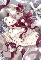 Rule 34 | 1girl, animal ears, bare shoulders, blush, bow, cat ears, christmas, closed mouth, dress, frilled dress, frills, full body, fur-trimmed footwear, fur trim, grey hair, hair bow, highres, holding, holding stuffed toy, lolita fashion, looking at viewer, lying, myaco9, off-shoulder dress, off shoulder, on side, original, red bow, red eyes, red footwear, red frills, red ribbon, ribbon, short hair, sidelocks, solo, star (symbol), star print, stuffed animal, stuffed toy, teddy bear, white hair