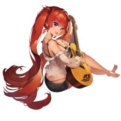 Rule 34 | 1girl, ass, barefoot, blush, bra, breasts, butt crack, cleavage, from behind, full body, guitar, hair ornament, hairclip, highres, instrument, jewelry, last origin, long hair, looking back, may of doom, necklace, official art, paintale, purple eyes, red hair, see-through, short shorts, shorts, solo, sweat, tachi-e, thong, transparent background, underwear, very long hair