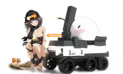 Rule 34 | 1girl, absurdres, arknights, bandeau, bangeningmeng, bare shoulders, black gloves, black hair, blue eyes, blush, breasts, character name, chinese commentary, cleavage, commentary request, eunectes (arknights), gloves, goggles, goggles on head, hand up, head tilt, highres, lancet-2 (arknights), nail polish, pointy ears, robot, shadow, short hair, simple background, small breasts, smile, snake tail, squatting, strapless, tail, thighs, tube top, white background