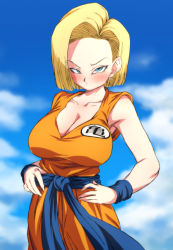 Rule 34 | 1girl, android 18, blonde hair, blue eyes, blush, breasts, cloud, cloudy sky, dougi, dragon ball, earrings, jewelry, large breasts, looking at viewer, rom (20), sky, solo