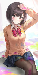 Rule 34 | 1girl, absurdres, blush, borrowed character, brown eyes, brown hair, facepaint, hair ornament, highres, holding, kamiyama high school uniform (project sekai), looking at viewer, open mouth, paint, paint splatter, pantyhose, poddo (potto), project sekai, ribbon, school uniform, shinonome ena, shirt, short hair, simple background, skirt, sweater