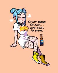 Rule 34 | 1girl, absurdres, akairiot, band shirt, beer bottle, blue eyes, blue hair, blush, breasts, breathing, chibi, crossed legs, double bun, ear piercing, english text, fishnet thighhighs, fishnets, full body, grin, hair bun, high tops, highres, invisible chair, iru may (akairiot), light blush, looking at viewer, medium breasts, merchandise, naughty face, orange background, original, piercing, shirt, shoes, short sleeves, sidelocks, simple background, sitting, smile, sneakers, solo, studded choker, thighhighs, white shirt