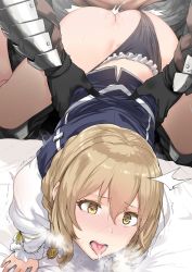 Rule 34 | 10s, 1boy, 1girl, all fours, arm support, ass, black gloves, black panties, blush, braid, breath, brown eyes, clothed sex, clothing aside, cum, cum in pussy, doggystyle, drooling, ejaculation, from above, fucked silly, gloves, goblin slayer, goblin slayer!, guild girl (goblin slayer!), hair between eyes, hair over shoulder, heart, heart-shaped pupils, heavy breathing, hetero, hews, highres, long sleeves, male pubic hair, medium hair, orgasm, panties, panties aside, pubic hair, reverse suspended congress, sex, sex from behind, solo focus, symbol-shaped pupils, thong, tongue, tongue out, torogao, torso grab, trembling, underwear, vambraces, yellow eyes
