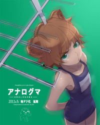 Rule 34 | 1girl, analoguma, antennae, brown hair, collarbone, face, flat chest, foreshortening, frown, green eyes, japan commercial broadcasters association, one-piece swimsuit, pout, school swimsuit, solo, stregoicavar, swimsuit