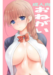 Rule 34 | 1girl, arms behind back, blue eyes, bow, braid, breasts, cleavage, closed mouth, covered erect nipples, frown, grey jacket, hair over shoulder, hikabe sakuho, jacket, large breasts, long hair, looking at viewer, navel, no bra, open clothes, open jacket, open shirt, orange hair, original, pink background, red bow, red neckwear, shirt, simple background, single braid, solo, stomach, sweat, tareme, translation request, upper body