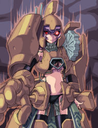 Rule 34 | 1girl, ancient gear golem, armor, aura, duel monster, glowing, golem, hair between eyes, light purple hair, machine, mecha, monster girl, personification, red eyes, robot, short hair, solo, standing, weapon, yu-gi-oh!, yu-gi-oh! duel monsters