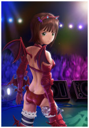 Rule 34 | 00s, 1girl, amami haruka, armor, ass, back, bad id, bad pixiv id, bat wings, bikini, bottle, breasts, brown hair, butt crack, calma, choker, elbow gloves, gauntlets, gloves, green eyes, hair ornament, hairband, idolmaster, idolmaster (classic), lens flare, nightmare blood, solo, stage, striped clothes, striped thighhighs, swimsuit, thighhighs, water bottle, wings