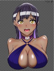 Rule 34 | black background, black hair, breasts, checkered background, collar, highres, kenmaster17, large breasts, open mouth, original, self-upload, simple background, solo, swimsuit, teeth, tongue, yellow eyes
