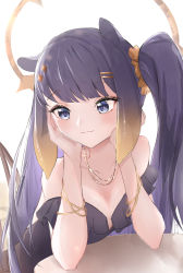 Rule 34 | bare arms, bare shoulders, black hair, breasts, chair, cleavage, elphe, hands on own cheeks, hands on own face, highres, hololive, hololive english, jewelry, long hair, multicolored hair, necklace, ninomae ina&#039;nis, side ponytail, sitting, small breasts, smile, straight hair, table, virtual youtuber