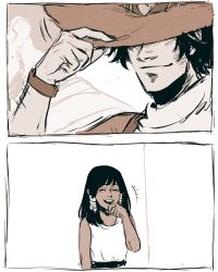 Rule 34 | 1girl, 2boys, cassidy (overwatch), child, comic, cowboy hat, dark-skinned female, dark skin, closed eyes, hat, hat tip, laughing, monochrome, multiple boys, overwatch, overwatch 1, papabay, pharah (overwatch), reaper (overwatch), sepia, silent comic, smile, upper body, white background