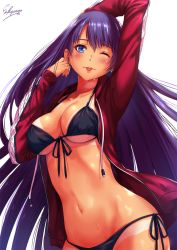 Rule 34 | 1girl, ;p, arm up, bikini, bikini tan, black bikini, blue eyes, blue sky, blush, breasts, choker, cleavage, cloud, collarbone, commentary request, cowboy shot, cross, earrings, evening, fate/grand order, fate (series), front-tie bikini top, front-tie top, groin, hand in own hair, hand on own head, head tilt, highres, hip focus, jacket, jewelry, large breasts, long hair, looking at viewer, martha (fate), martha (swimsuit ruler) (fate), martha (swimsuit ruler) (second ascension) (fate), navel, one eye closed, open clothes, open jacket, purple hair, red jacket, sakiyamama, side-tie bikini bottom, sidelocks, signature, simple background, sky, smile, solo, stomach, swimsuit, tan, tanline, toned, tongue, tongue out, white background, white bikini