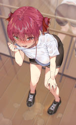 Rule 34 | 1girl, absurdres, ass, bare legs, black footwear, blush, breasts, full body, hair ribbon, hand on own knee, heterochromia, highres, hololive, houshou marine, indoors, koubou (cowbow kun), leaning forward, long hair, medium breasts, no socks, nose blush, open mouth, puddle, purple hair, red eyes, red ribbon, reflection, ribbon, see-through, shirt, shoes, short sleeves, sneakers, solo, standing, sweat, very sweaty, virtual youtuber, wet, wet clothes, wet shirt, wiping sweat, wooden floor, yellow eyes