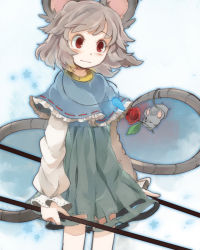 Rule 34 | 1girl, animal ears, bad id, bad pixiv id, blush, capelet, chachi (azuzu), dowsing rod, face, female focus, flower, glowing, grey hair, jewelry, mouse (animal), mouse ears, mouse tail, nazrin, one eye closed, pendant, red eyes, red flower, red rose, rose, short hair, solo, tail, touhou, wavy mouth