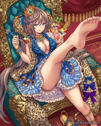 Rule 34 | 1girl, :t, animal print, anklet, bare legs, barefoot, blue dress, blue eyes, blueberry, bow, bracelet, breasts, cape, carpet, center opening, cherry, cleavage, company name, crown, curtains, dress, earrings, eating, eikou no guardian battle, feet, female focus, food, foot focus, frilled dress, frills, from above, fruit, fur, fur cape, hair between eyes, highres, holding, holding spoon, ice cream, indoors, jewelry, kiwi (fruit), large breasts, leg up, leopard print, light brown hair, long hair, madogawa, mint, necklace, no bra, official art, original, outstretched leg, sandals, unworn sandals, shoes, unworn shoes, short dress, single sandal, single shoe, sitting, sleeveless, sleeveless dress, soles, solo, spoon, strawberry, sundae, tassel, throne, toes, very long hair, wafer stick, watermark, whipped cream