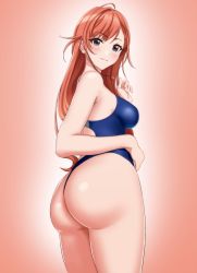Rule 34 | 1girl, arisugawa natsuha, ass, bare shoulders, blush, breasts, brown eyes, female focus, from behind, gradient background, highres, huge ass, idolmaster, idolmaster shiny colors, long hair, looking at viewer, manamin, medium breasts, one-piece swimsuit, parted bangs, red hair, shiny clothes, shiny skin, sideboob, simple background, smile, solo, swimsuit, thick thighs, thighs, very long hair, wavy hair