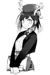 Rule 34 | 1girl, blush, greyscale, hat, highres, hitoshiro itsuki, holding, holding sketchbook, horns, long sleeves, looking at viewer, looking back, monochrome, ponytail, shimazaki1152, simple background, sketchbook, skirt, smile, solo, versen, virtual youtuber