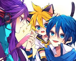 Rule 34 | 3boys, animal ears, arm warmers, bad id, bad twitter id, bass clef, black collar, blonde hair, blue bodysuit, blue eyes, blue hair, blue scarf, bodysuit, cat ears, cat tail, cat teaser, coat, collar, collared shirt, commentary, headphones, headset, highres, kagamine len, kaho 0102, kaito (vocaloid), kamui gakupo, long hair, looking at another, male focus, multiple boys, necktie, on shoulder, open mouth, purple hair, sailor collar, scarf, school uniform, shirt, short hair, sidelocks, smile, sparkle, spiked hair, tail, upper body, vocaloid, white coat, white shirt, yellow neckwear