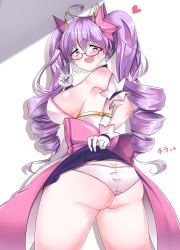 Rule 34 | 1girl, ahoge, aisha landar, artist request, ass, bare shoulders, blush, breasts, butt crack, clothes lift, drill hair, elsword, embarrassed, fang, from behind, glasses, gloves, hair ornament, heart, heart-shaped pupils, highres, huge ass, large breasts, long hair, looking at viewer, looking back, looking down, magical girl, open mouth, panties, purple eyes, purple hair, shiny skin, sideboob, skirt, skirt hold, skirt lift, smile, solo, sweatdrop, symbol-shaped pupils, thighhighs, twin drills, twintails, underwear, v