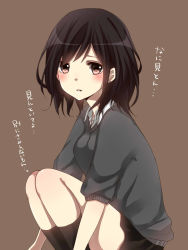 Rule 34 | 1girl, black hair, blush, brown eyes, highres, looking at viewer, open mouth, original, school uniform, short hair, short sleeves, skirt, sleeves pushed up, solo, squatting, sweater, translation request, yamasuta