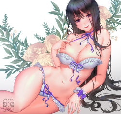 Rule 34 | 1girl, bare arms, bare legs, bare shoulders, black hair, blush, bow, bra, breasts, choker, cleavage, closed mouth, collarbone, commentary, eyelashes, fingernails, flower, frilled bra, frilled panties, frills, hair between eyes, half-closed eyes, halterneck, large breasts, lingerie, long fingernails, long hair, looking at viewer, love cacao, lying, navel, on side, original, panties, purple bow, purple eyes, purple ribbon, red ribbon, ribbon, ribbon bra, ribbon choker, rose, sidelocks, smile, solo, stomach, underwear, underwear only, very long hair, white flower, white rose, wrist bow, wrist cuffs