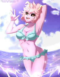 Rule 34 | 1girl, absurdres, aqua bikini, arm behind head, armpits, artist name, ashido mina, beach, bikini, black sclera, boku no hero academia, breasts, cleavage, clenched hand, collarbone, colored sclera, colored skin, eyelashes, female focus, fingernails, frilled bikini, frills, front-tie bikini top, front-tie top, groin, hair between eyes, hands up, happy, highres, horns, iharuluna, legs, light particles, looking at viewer, medium breasts, messy hair, midriff, monster girl, navel, neck, ocean, open mouth, outdoors, partially submerged, pink hair, pink skin, short hair, sidelocks, sky, smile, standing, summer, swimsuit, thighs, thighs together, v, yellow eyes