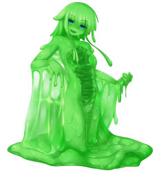 Rule 34 | 1girl, :d, blue eyes, colored sclera, colored skin, full body, green hair, green sclera, green skin, looking at viewer, melting, monster girl, nude, open mouth, original, rethnick, shaded face, simple background, slime girl, smile, solo, tentacle hair, wet, white background