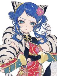 Rule 34 | 1girl, animal ears, animal print, ao (ao0 0nemu), bad id, bad twitter id, black gloves, blue eyes, blue hair, blue nails, cat ears, cat tail, chinese clothes, fingerless gloves, floral print, flower, fur scarf, furrowed brow, gloves, gold trim, hair flower, hair ornament, highres, looking at viewer, nail polish, pink flower, pretty rhythm, pretty rhythm rainbow live, pretty series, rinne (pretty rhythm), short hair, simple background, solo, tail, tiger print, upper body, white background