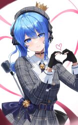 Rule 34 | 1girl, absurdres, belt, beret, black choker, black gloves, blue belt, blue eyes, blue hair, choker, closed mouth, cowboy shot, crown, dress, gitanurakja, gloves, grey dress, grey hat, hair between eyes, hair ribbon, hat, head tilt, heart, heart hands, highres, hololive, hoshimachi suisei, hoshimachi suisei (1st costume), light smile, long hair, long sleeves, looking at viewer, microphone, mini crown, partially fingerless gloves, plaid, plaid dress, plaid headwear, ribbon, side ponytail, sidelocks, solo, star (symbol), star in eye, symbol in eye, vintage microphone, virtual youtuber, white background