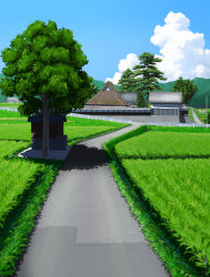 Rule 34 | absurdres, cloud, commentary request, farm, fence, field, grass, highres, house, landscape, mountain, nature, no humans, original, rice paddy, road, rural, scenery, shadow, shrine, signature, sky, summer, tateyuki, tree
