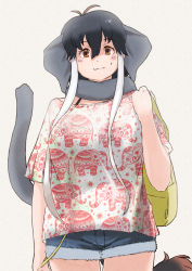 Rule 34 | 1girl, :3, absurdres, alternate costume, animal ears, bag, blush, borneo elephant (kemono friends), casual, commentary request, cowboy shot, cutoffs, denim, denim shorts, elephant ears, elephant girl, elephant tail, grey hair, grey scarf, handbag, highres, kemono friends, looking at viewer, multicolored hair, patterned clothing, scarf, shirt, short hair, short hair with long locks, short shorts, shorts, sidelocks, solo, sweatdrop, toriny, white hair, white shirt, yellow eyes