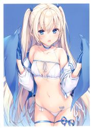 Rule 34 | 1girl, :o, absurdres, barcode, barcode tattoo, bare shoulders, bikini, blonde hair, blue background, blue eyes, blue gloves, blush, breasts, choker, collarbone, cowboy shot, demon girl, demon wings, gloves, gluteal fold, halterneck, highres, jacket, komeshiro kasu, long hair, long sleeves, looking at viewer, navel, off shoulder, open clothes, open jacket, open mouth, original, pointy ears, scan, side-tie bikini bottom, sidelocks, small breasts, solo, stomach, swimsuit, tattoo, thigh strap, two side up, white bikini, white jacket, wings