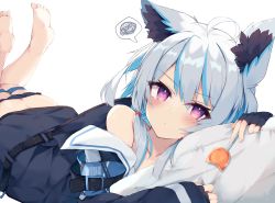 Rule 34 | 1girl, absurdres, ahoge, animal ear fluff, animal ears, ass, bare shoulders, barefoot, black gloves, black jacket, black panties, blue hair, candy, collarbone, commentary request, fingerless gloves, food, gloves, grey hair, hair between eyes, highres, holding, holding candy, holding food, holding lollipop, jacket, legs up, lollipop, long hair, long sleeves, lying, multicolored hair, nibiiro shizuka, hugging object, off shoulder, on stomach, original, panties, panty pull, pillow, pillow hug, purple eyes, simple background, sleeves past wrists, soles, solo, spoken squiggle, squiggle, streaked hair, thigh strap, underwear, white background