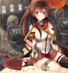 Rule 34 | 10s, 1girl, anchor, black thighhighs, blush, breasts, brown hair, cherry blossoms, detached sleeves, flower, hair flower, hair intakes, hair ornament, kantai collection, large breasts, long hair, looking at viewer, machinery, miniskirt, oil-paper umbrella, petals, serino itsuki, single thighhigh, sitting, skirt, smile, solo, thighhighs, umbrella, very long hair, yamato (kancolle)