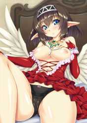 Rule 34 | 1girl, black hair, blue eyes, blush, breasts, cameltoe, detached sleeves, dress, feathered wings, gekato, hairband, highres, jewelry, large breasts, lying, navel, necklace, nipples, on back, original, panties, pointy ears, solo, underwear, white wings, wings