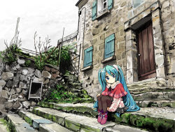 Rule 34 | 1girl, aqua hair, blue eyes, hatsune miku, long hair, mojacookie, pantyhose, sitting, sitting on stairs, solo, stairs, twintails, very long hair, vocaloid, aged down