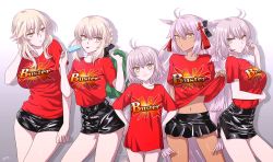 Rule 34 | 5girls, ahoge, artoria pendragon (all), artoria pendragon (fate), artoria pendragon (lancer alter) (fate), black shorts, black skirt, blonde hair, braid, breasts, buster shirt, closed mouth, commentary request, dark-skinned female, dark skin, fate/grand order, fate (series), food, french braid, hair ornament, hair ribbon, high-waist shorts, holding, holding food, jeanne d&#039;arc (fate), jeanne d&#039;arc alter (avenger) (fate), jeanne d&#039;arc alter (fate), jeanne d&#039;arc alter santa lily (fate), large breasts, long hair, looking at another, looking at viewer, medium breasts, miniskirt, multiple girls, okita souji (fate), okita souji alter (fate), omizu (omz), popsicle, popsicle stick, red shirt, ribbon, saber alter, shirt, unworn shirt, shirt tucked in, short hair, short shorts, shorts, simple background, skirt, smile, tongue, tongue out, trait connection, white background, white hair, yellow eyes