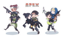 Rule 34 | 3boys, 3girls, annoyed, apex legends, arm tattoo, assault rifle, belt, black belt, black bodysuit, black eyes, black footwear, black gloves, black hair, black headwear, black pants, black scarf, black shirt, blue bodysuit, blue gloves, bodysuit, boots, brown eyes, carrying, chibi, cropped vest, crypto (apex legends), detached sleeves, double bun, facial hair, fingerless gloves, g7 scout, gloves, goatee, goggles, goggles on head, green scarf, green vest, grey shorts, gun, hack (apex legends), hair bun, headband, highres, holding, holding gun, holding weapon, hood, hood down, hood up, hooded bodysuit, hooded jacket, jacket, knee pads, lifeline (apex legends), lightning bolt symbol, looking ahead, looking at another, mask, mechanical legs, mirage (apex legends), mouth mask, multiple boys, multiple girls, non-humanoid robot, octane (apex legends), one eye closed, open mouth, orange jacket, pants, piggyback, pouch, princess carry, r-301 carbine, red eyes, red hair, repu (rep sha), ribbed bodysuit, rifle, robot, running, scarf, shadow, shirt, shorts, single hair bun, smile, striped clothes, striped scarf, sweatdrop, tattoo, v-shaped eyebrows, vertical-striped clothes, vertical-striped scarf, vest, wattson (apex legends), weapon, white background, white footwear, white headband, white jacket, wraith (apex legends), yellow bodysuit