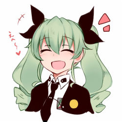 Rule 34 | 10s, 1girl, akitsuchi shien, anchovy (girls und panzer), bad id, bad pixiv id, blush, cape, closed eyes, dress shirt, drill hair, emblem, girls und panzer, green hair, hair ribbon, happy, long hair, long sleeves, necktie, open mouth, portrait, ribbon, school uniform, shirt, simple background, smile, solo, translated, twin drills, twintails, white background, white shirt
